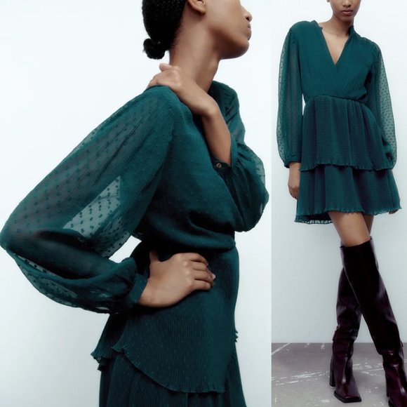 NEW Zara Teal Green Swiss Dot Mesh Surplice V Neck Ruffle Pleated Mini Dress M - Picture 11 of 11